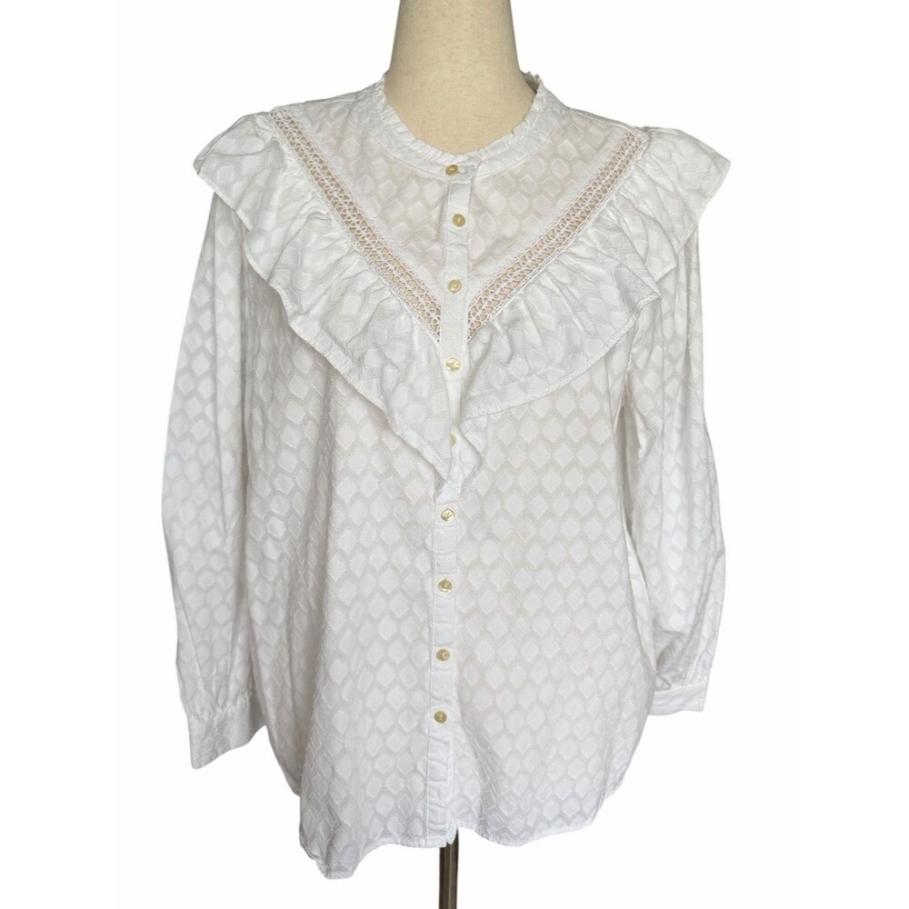 LOFT Womens XL White 100% Cotton Ruffle Yoke Button Front Boho Blouse Top